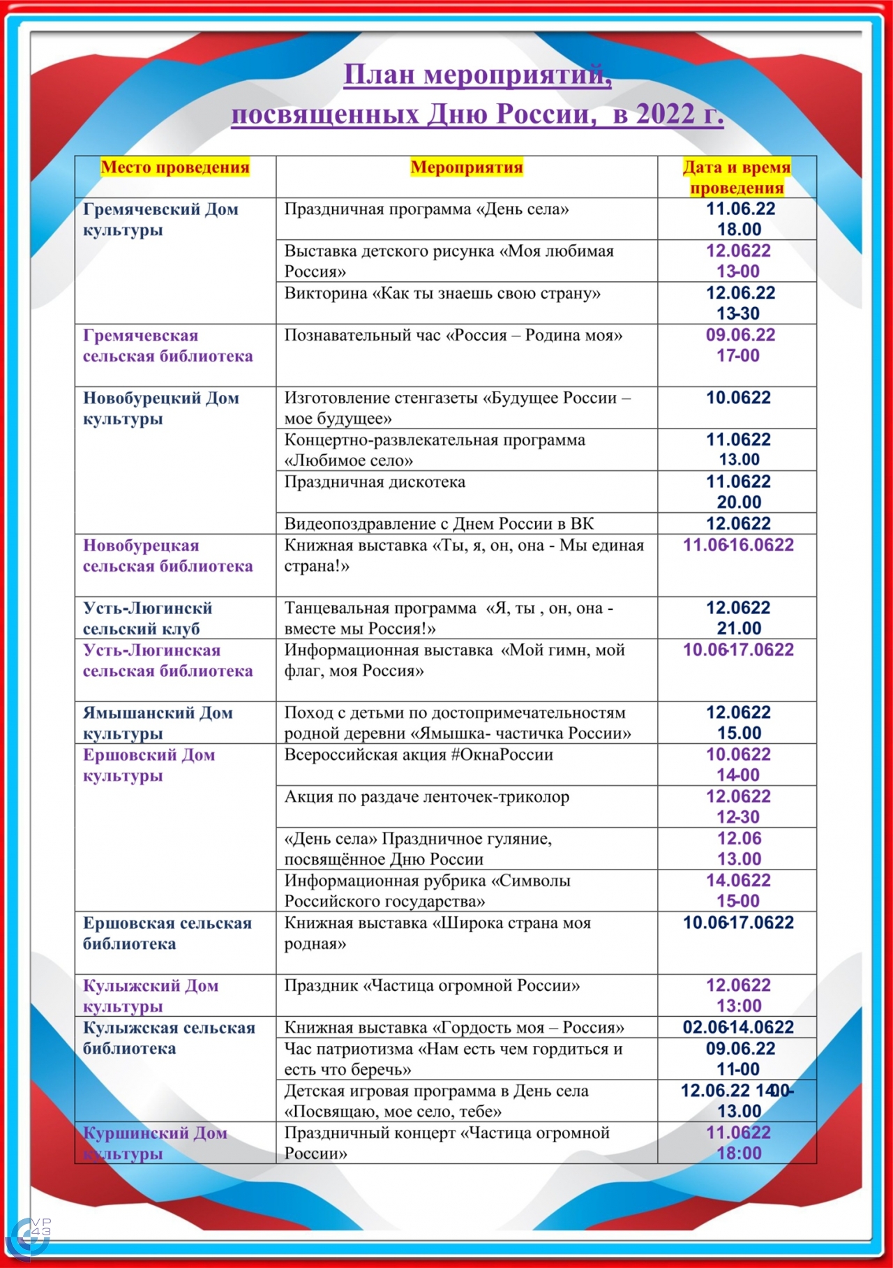 День россии план мероприятий в библиотеке