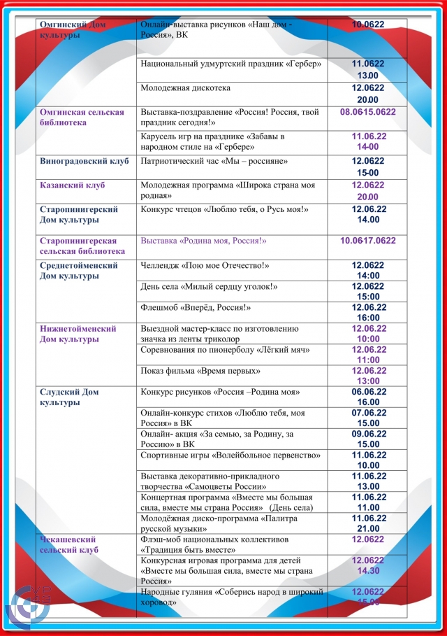 План мероприятий ко дню россии в дк